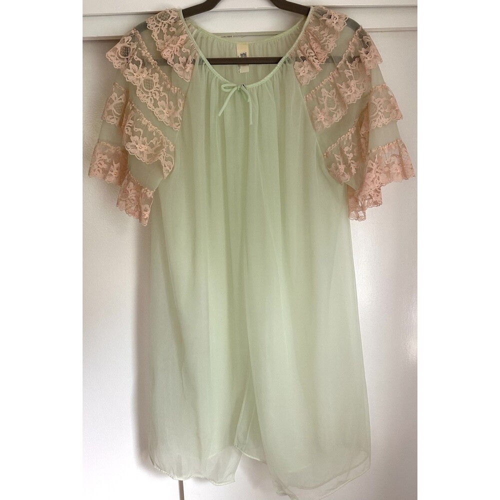 Vintage Sheer Chiffon Robe Green Bed Jacket Lingerie L Lace Cottagecore Fairy